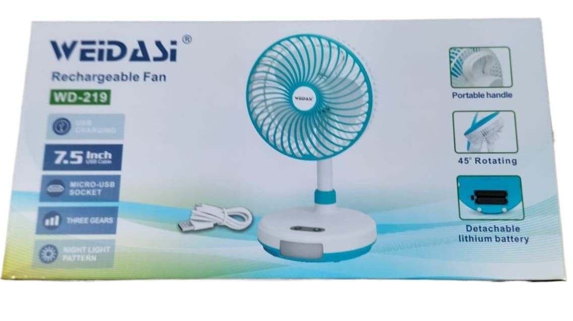 Weidasi Rechargeable Fan WD- 719 Backup 2-4 Hours With Side Light 3-Speed Switch USB Port Weidasi WD-719, Rechargeable Fan, Portable Fan, USB Fan, 3-Speed Rechargeable Fan, Backup Fan, Weidasi Fan Bangladesh, Rechargeable Fan with Light, Travel Fan, Weidasi WD-719