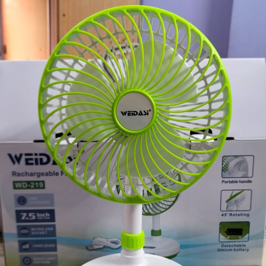 Weidasi Rechargeable Fan WD- 719 Backup 2-4 Hours With Side Light 3-Speed Switch USB Port Weidasi WD-719, Rechargeable Fan, Portable Fan, USB Fan, 3-Speed Rechargeable Fan, Backup Fan, Weidasi Fan Bangladesh, Rechargeable Fan with Light, Travel Fan, Weidasi WD-719