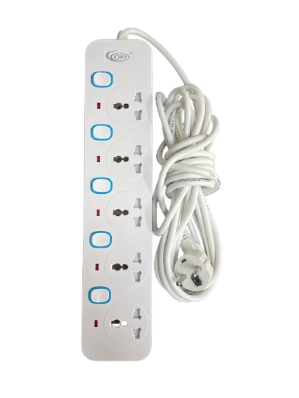 MEP Snow White Extension Universal Multi Socket – 5 Yards, 5 Switch, 2500W MEP Snow White Extension Universal Multi Socket 5 Yard" "2500W Multi Plug Extension Board with 5 Switches" "High Quality MEP Universal Multi Socket for Home and Office" "MEP Extension Socket with Copper Alloy Parts Bangladesh"
