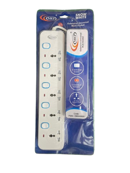 MEP Snow White Extension Universal Multi Socket – 5 Yards, 5 Switch, 2500W "MEP Snow White Extension Universal Multi Socket 5 Yard" "2500W Multi Plug Extension Board with 5 Switches" "High Quality MEP Universal Multi Socket for Home and Office" "MEP Extension Socket with Copper Alloy Parts Bangladesh"